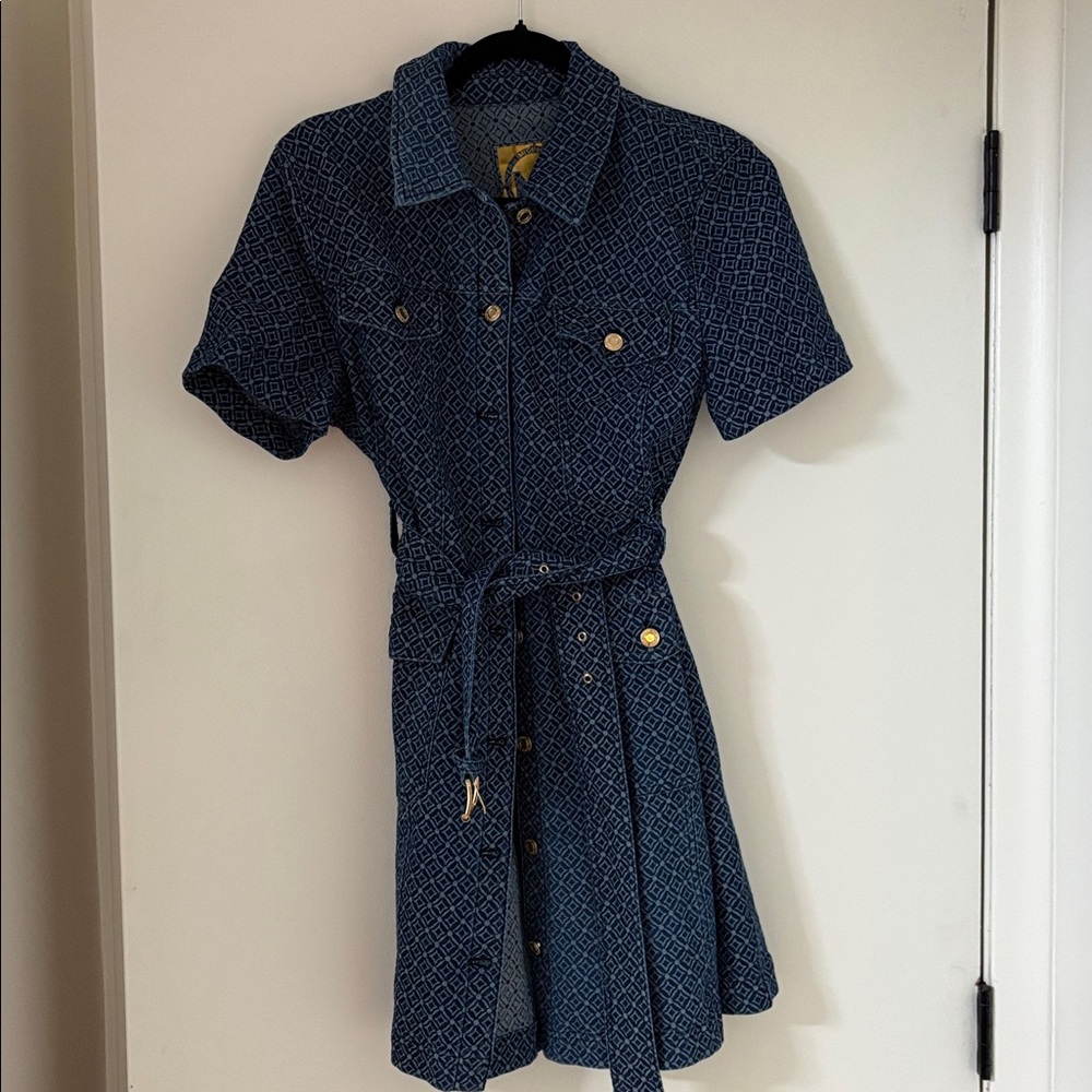 Mk Denim Button Elegant Blue Patterned Dress - image 1